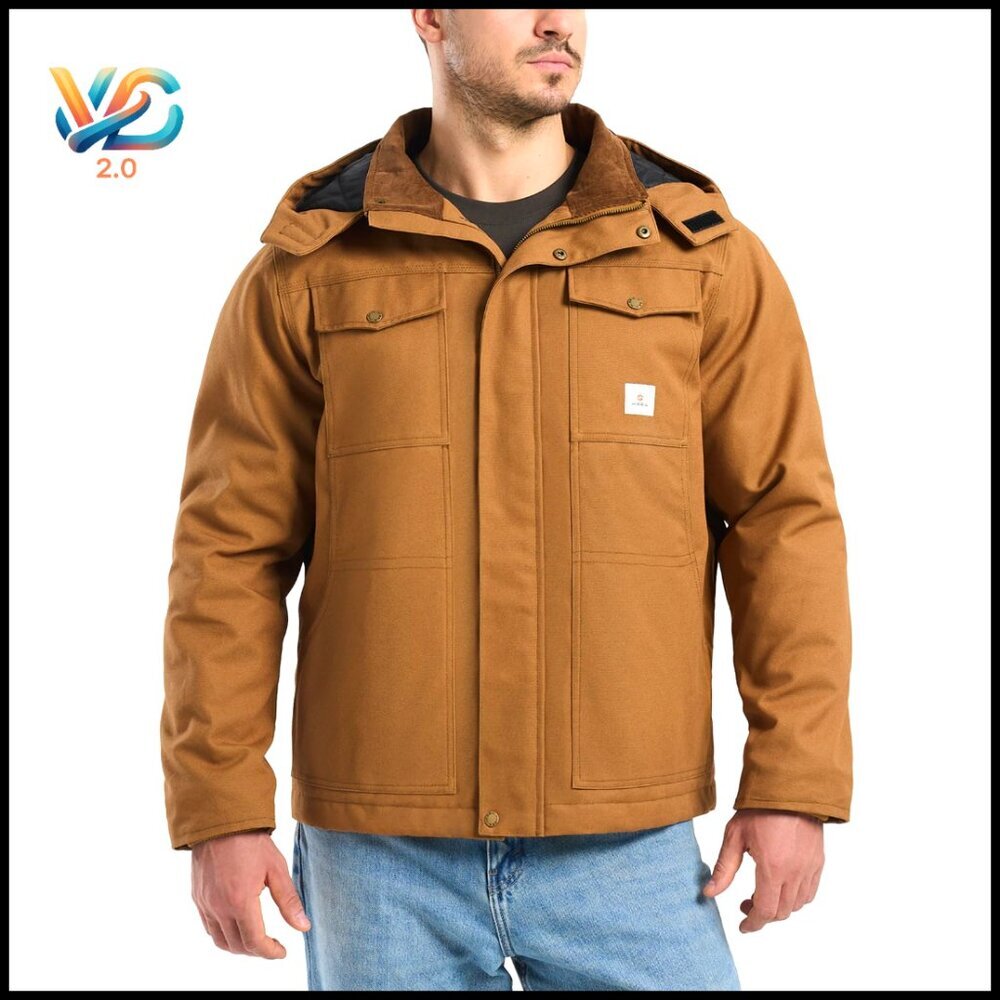 Men's Insulated Work Jacket Water Resistant Hooded Utility Coat Pockets